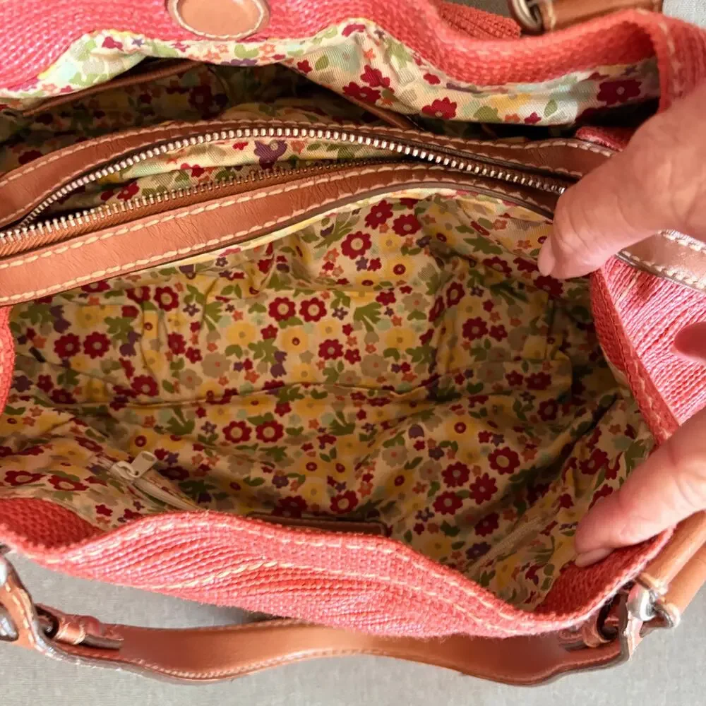 Fossil Y2K Coral Woven Leather Shoulder Bag Floral Lining Boho Handbag